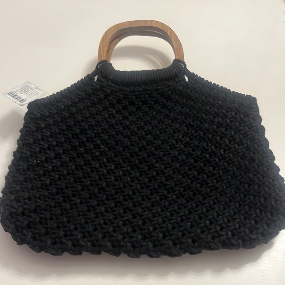 Urban Outfitters Black Woven Handbag with Wooden Handles